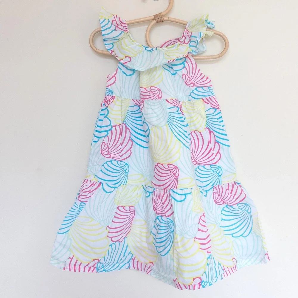 Gymboree Seashell Tiered Ruffle Sundress White Pink Blue Summer Girls 4T